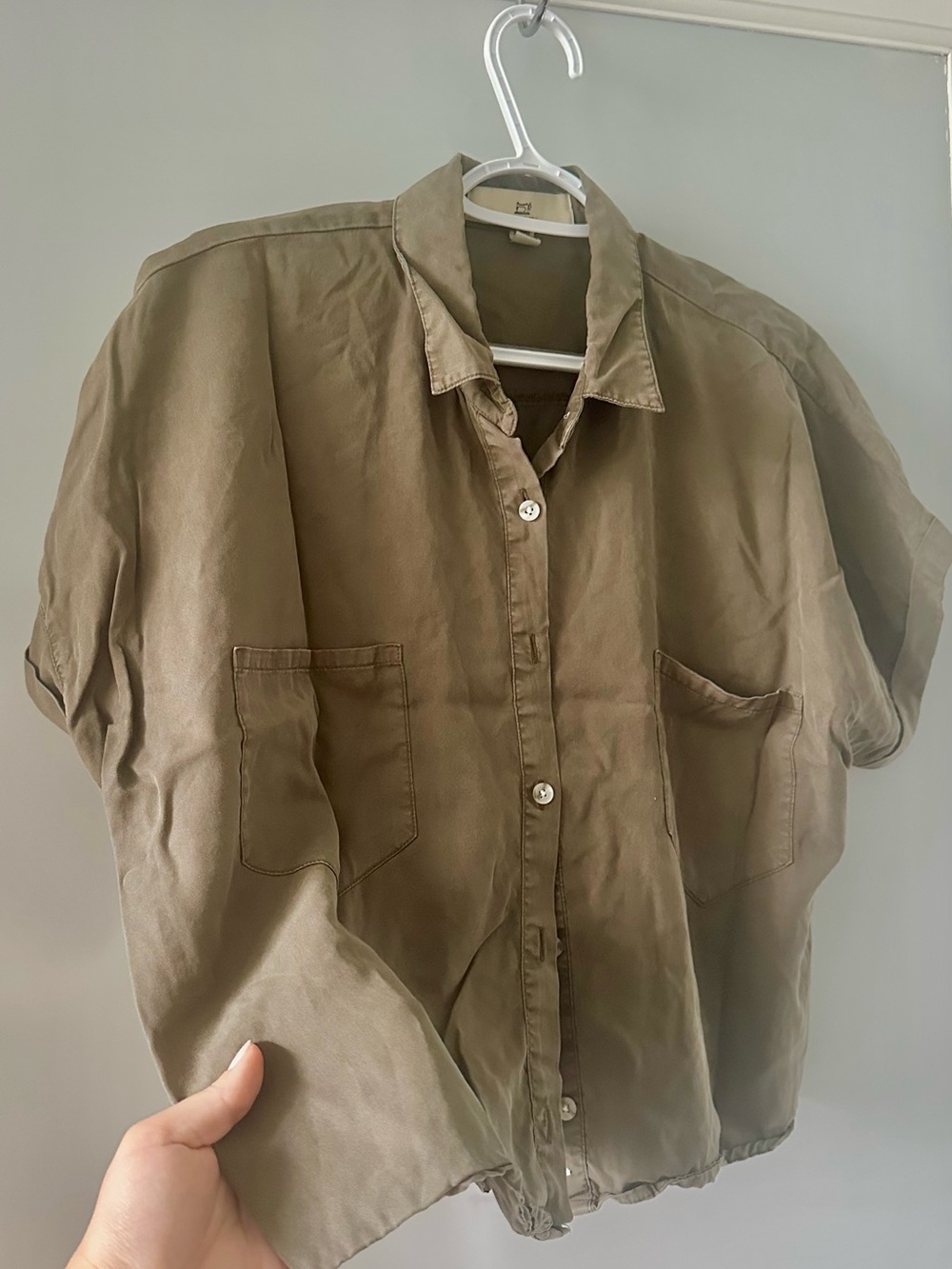 Women’s Dark Olive Short-Sleeve Button-Down Shirt - Picture 5 of 10